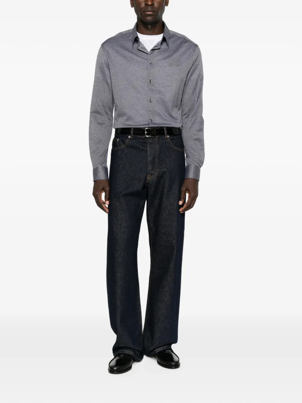 Giorgio Armani Regular-fit overhemd van katoenen jersey met micro-jacquard Blauw
