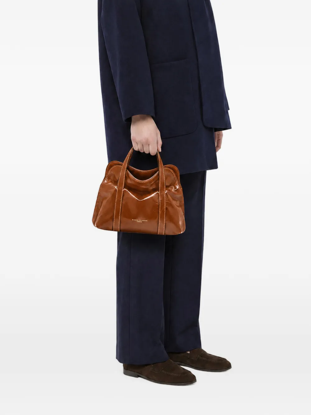 GIANNI CHIARINI Medium Margue leren shopper met contrasterende stiksels Bruin
