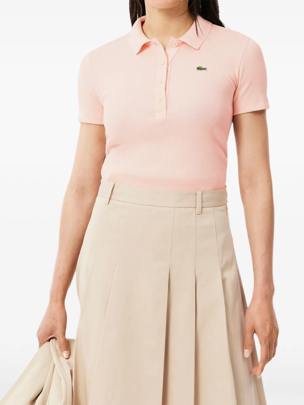 Lacoste Ribgebreid poloshirt met logo-patch Roze