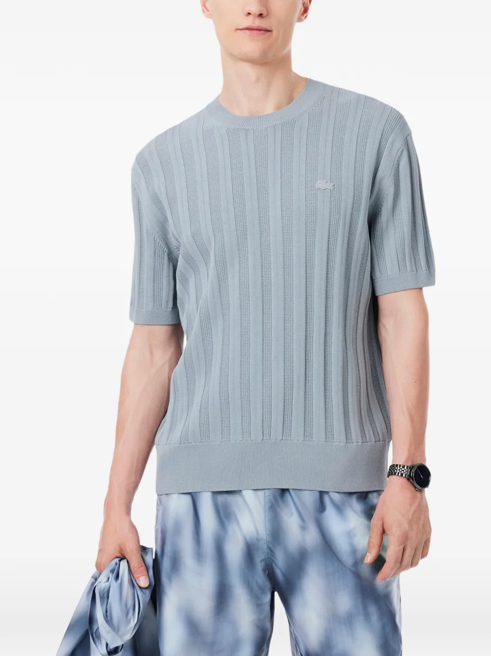 Lacoste ribbed-knit embroidered-logo T-shirt - Blu