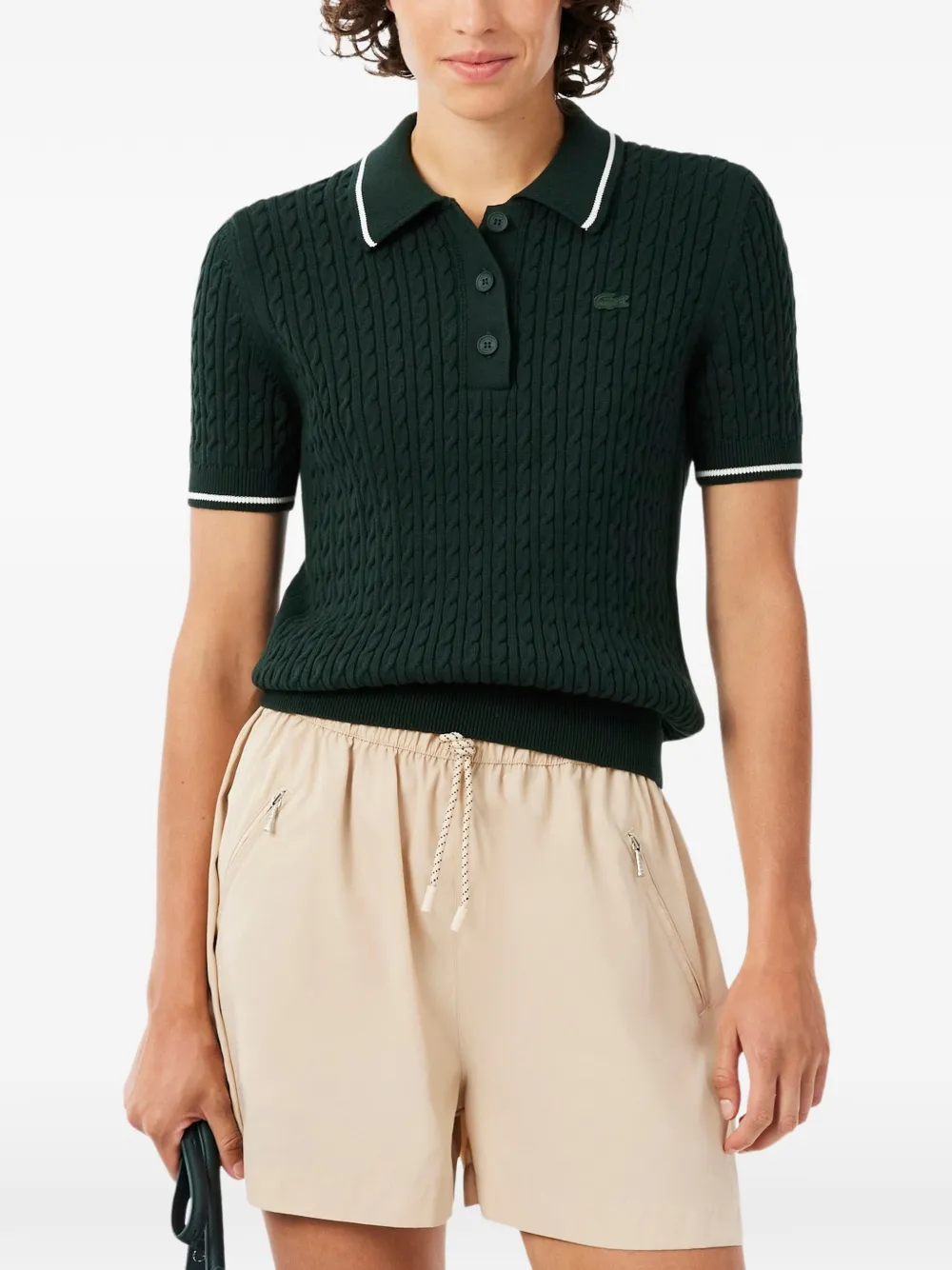 Lacoste Gestreepte kabelgebreide trui met polokraag Groen