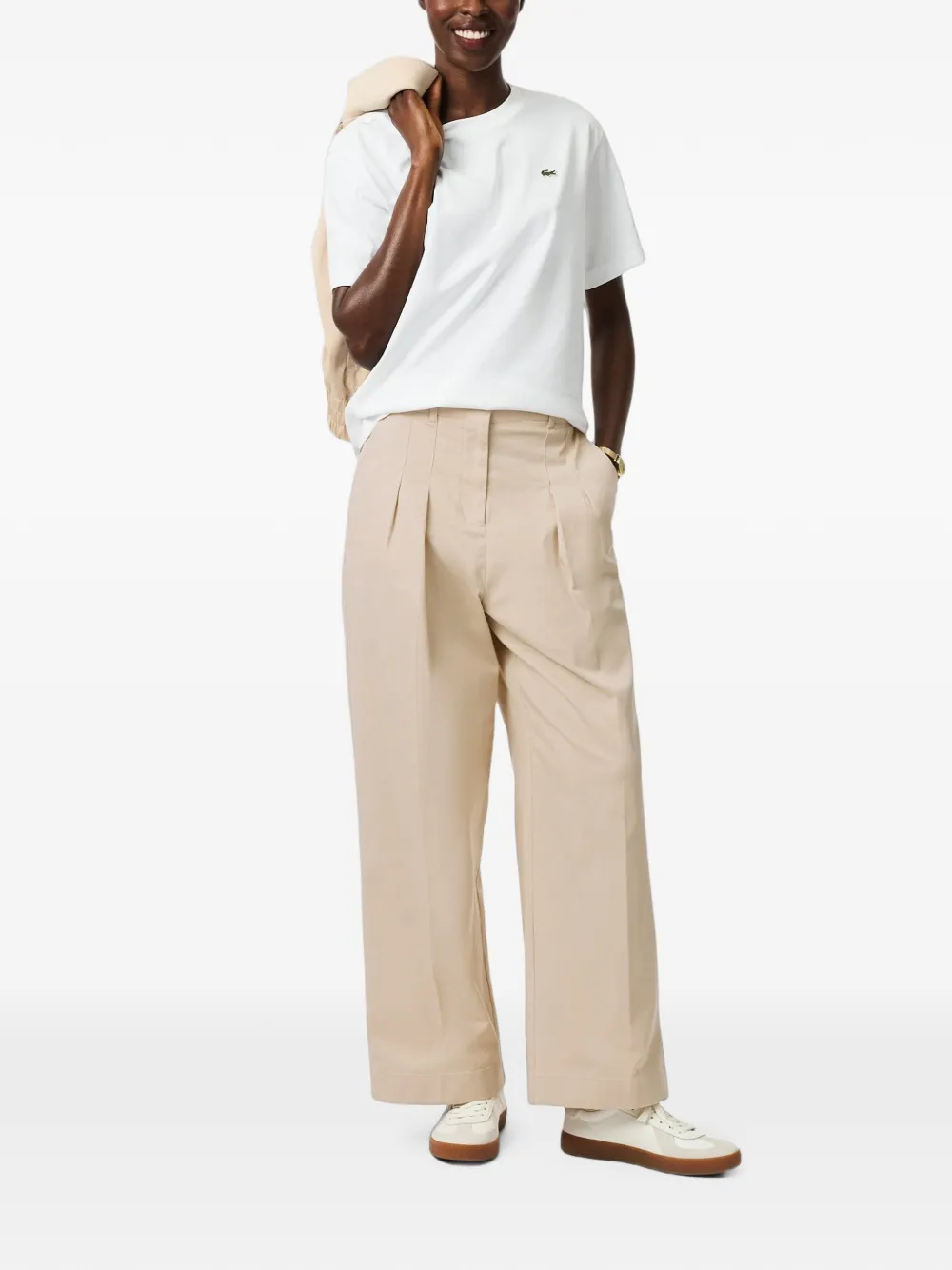 Lacoste Plooibroek met wijde pijpen Beige