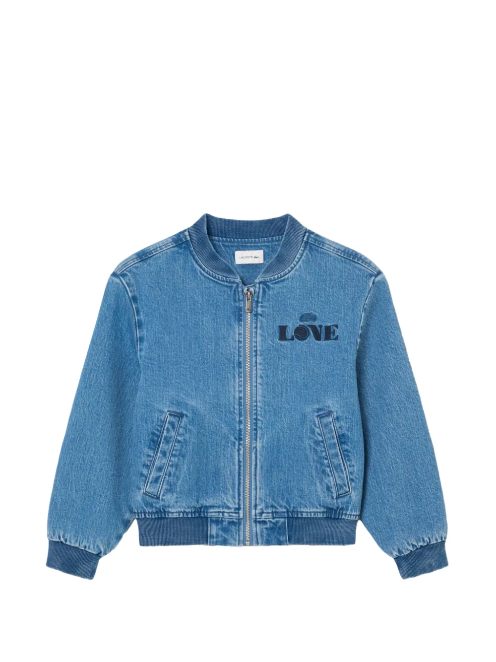 Lacoste Kids padded badge accent denim bomber jacket Blauw