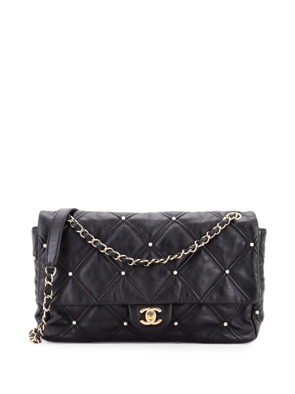 CHANEL Pre-Owned CC Flap Bag Pearl Studded Quilted Lambskin Medium shoulder bag - Black