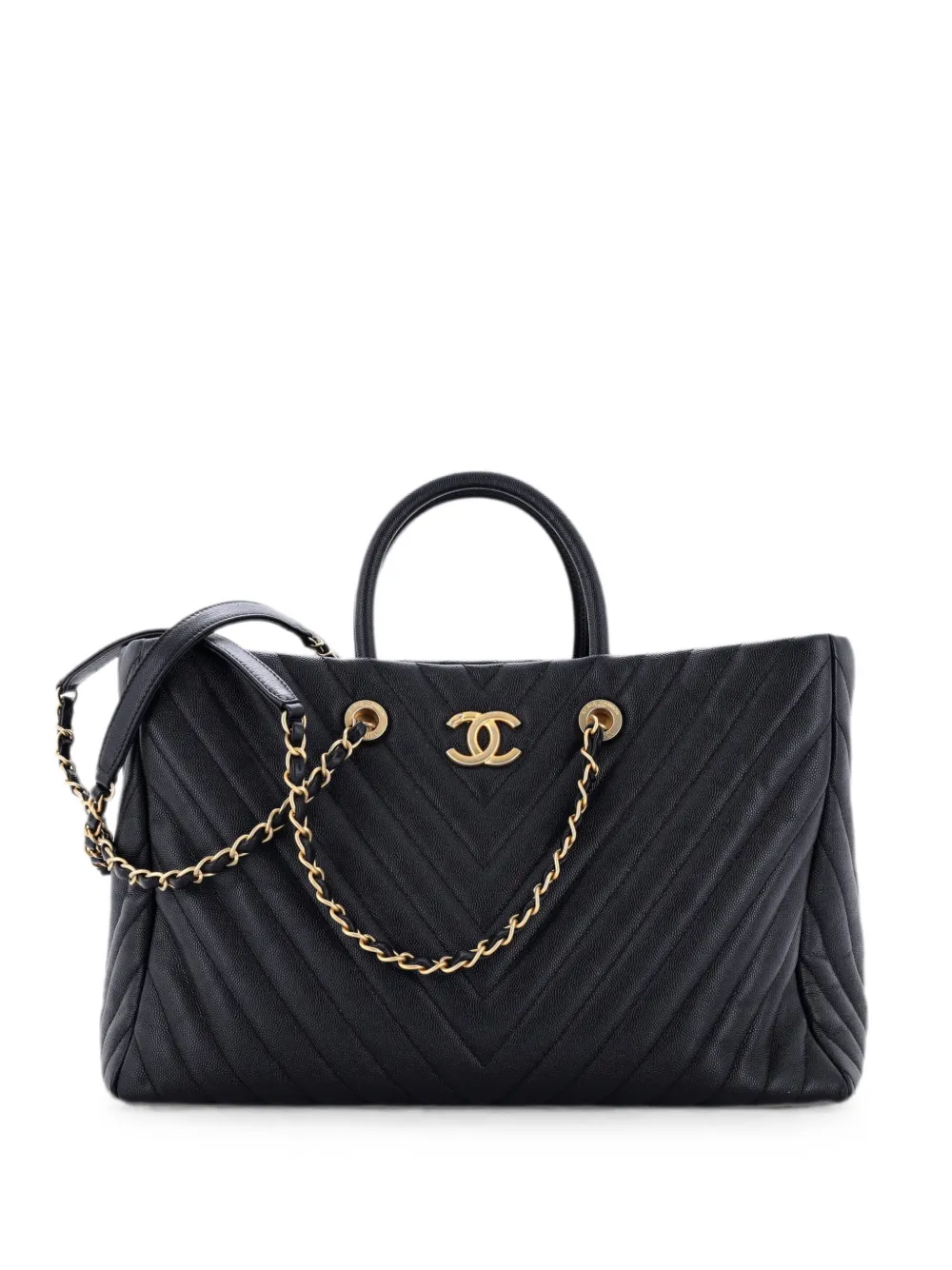 CHANEL Pre-Owned Borsa tote Coco grande in pelle Caviar con motivo chevron e manico - Nero