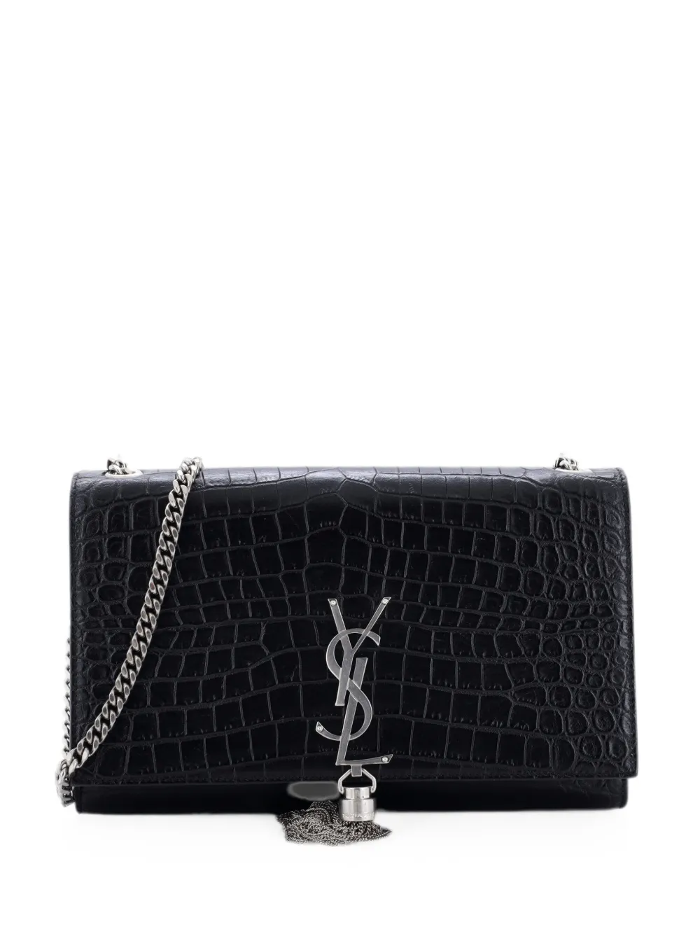 Saint Laurent Pre-Owned Borsa a tracolla media Classic Monogram in pelle goffrata effetto coccodrillo con nappa - Nero