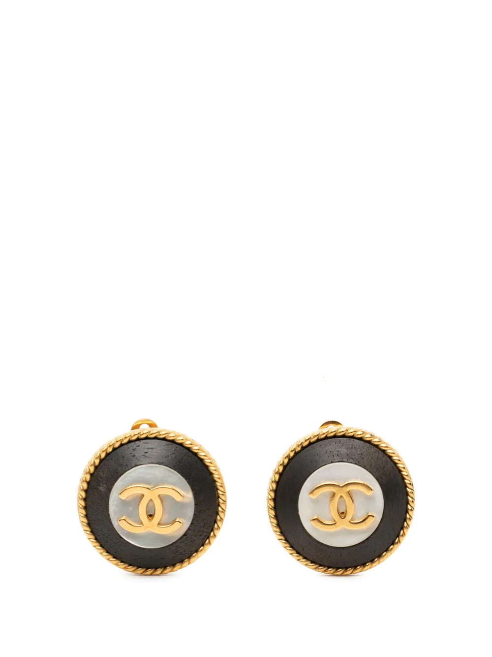 CHANEL Pre-Owned 1996 CC Gold Plated Twisted Faux Pearl Enamel Clip On Earrings costume earrings - Black