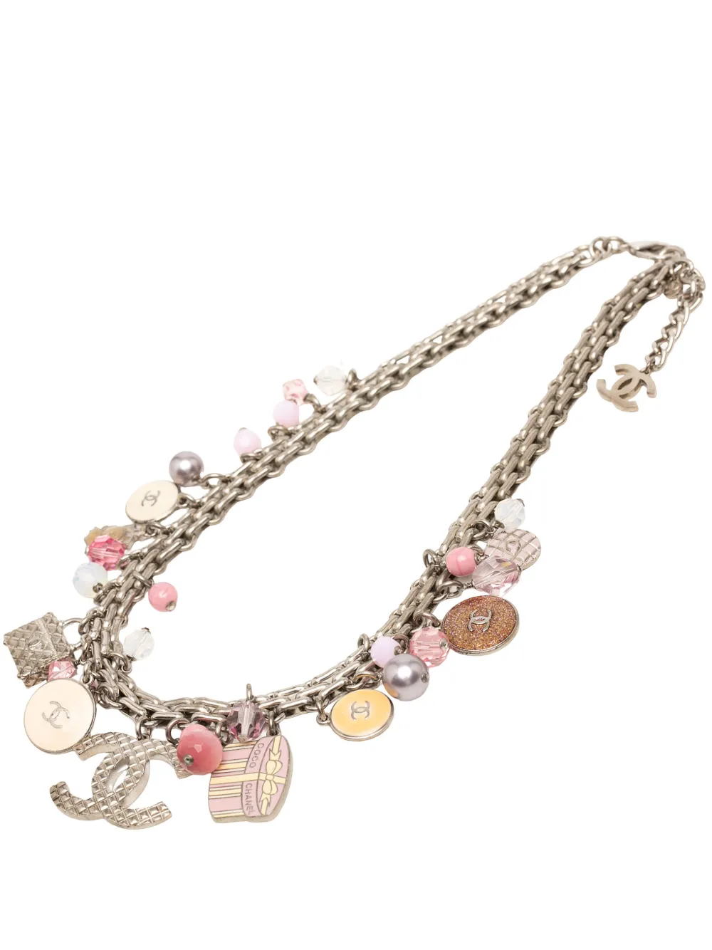 CHANEL Pre-Owned 2007 CC Brass Faux Pearl Resin Enamel Charms Necklace costume necklace - Pink