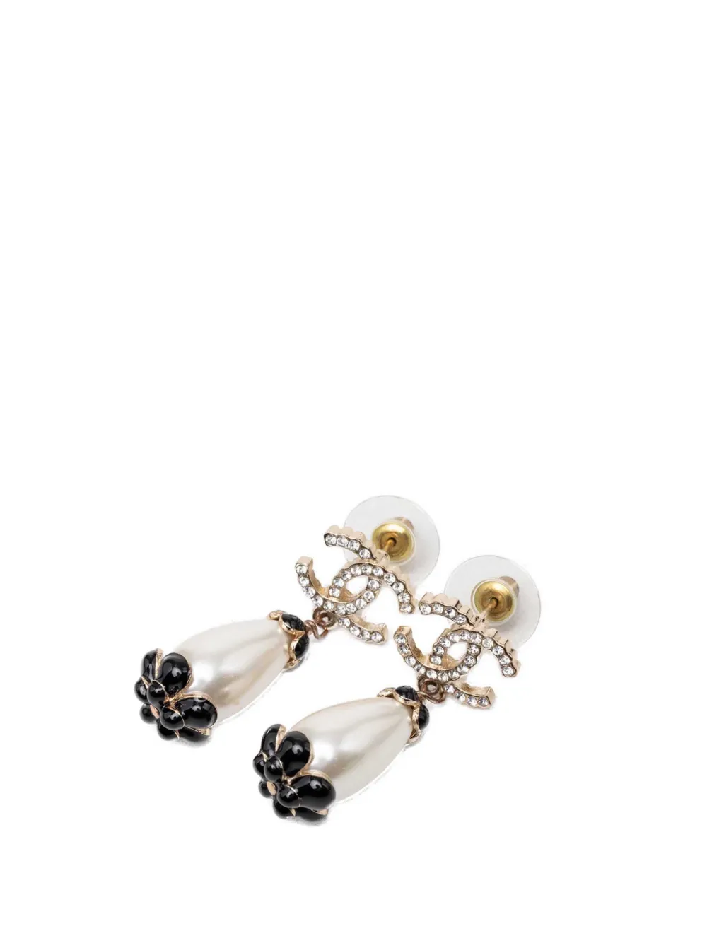 CHANEL Pre-Owned 2021 CC Gold Plated Strass Scalloped Faux Pearl Enamel Flower Dangling Bullet Back Earrings costume earrings