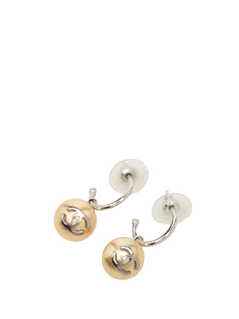 CHANEL Pre-Owned 1999 CC Brass Faux Pearl Hoop Bullet Back Earrings. costume earrings - Silver