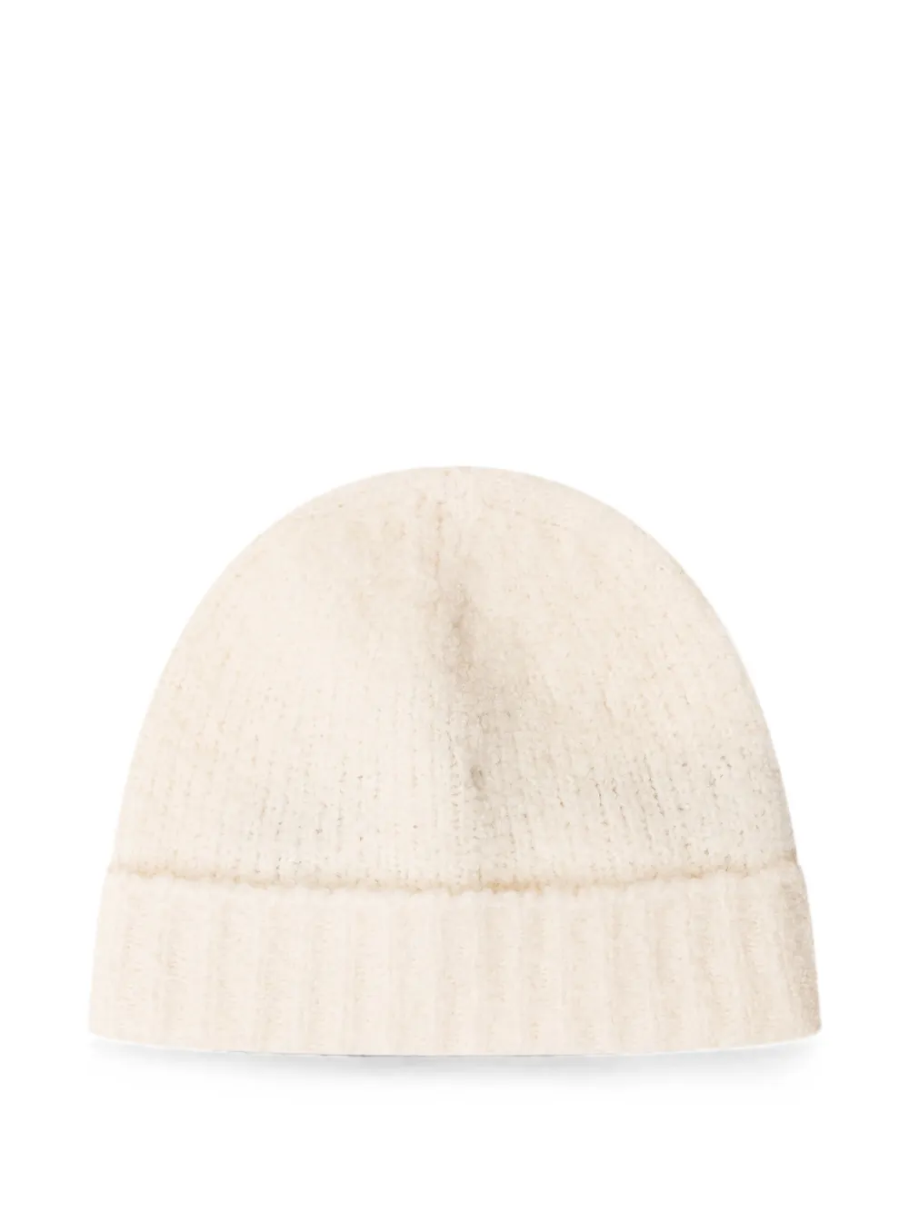 Stone Island Junior logo-patch ribbed-knit beanie hat Beige