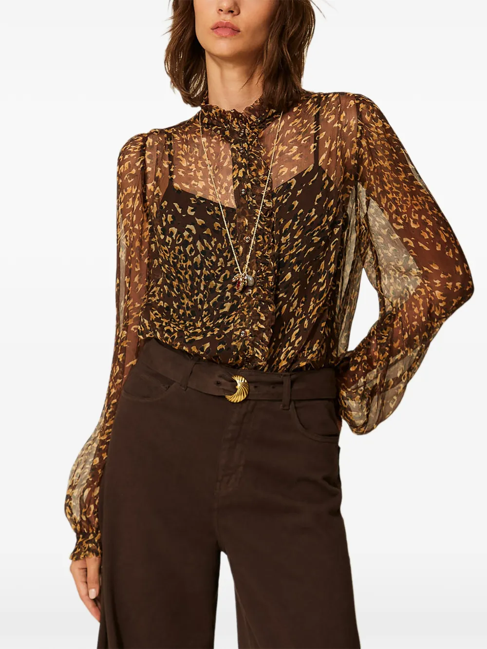 TWINSET animal-print ruffled shirt - Marrone