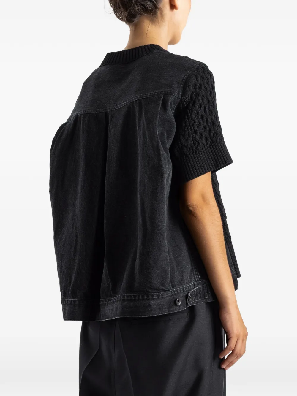 sacai cable-knit hybrid-denim sweater Zwart
