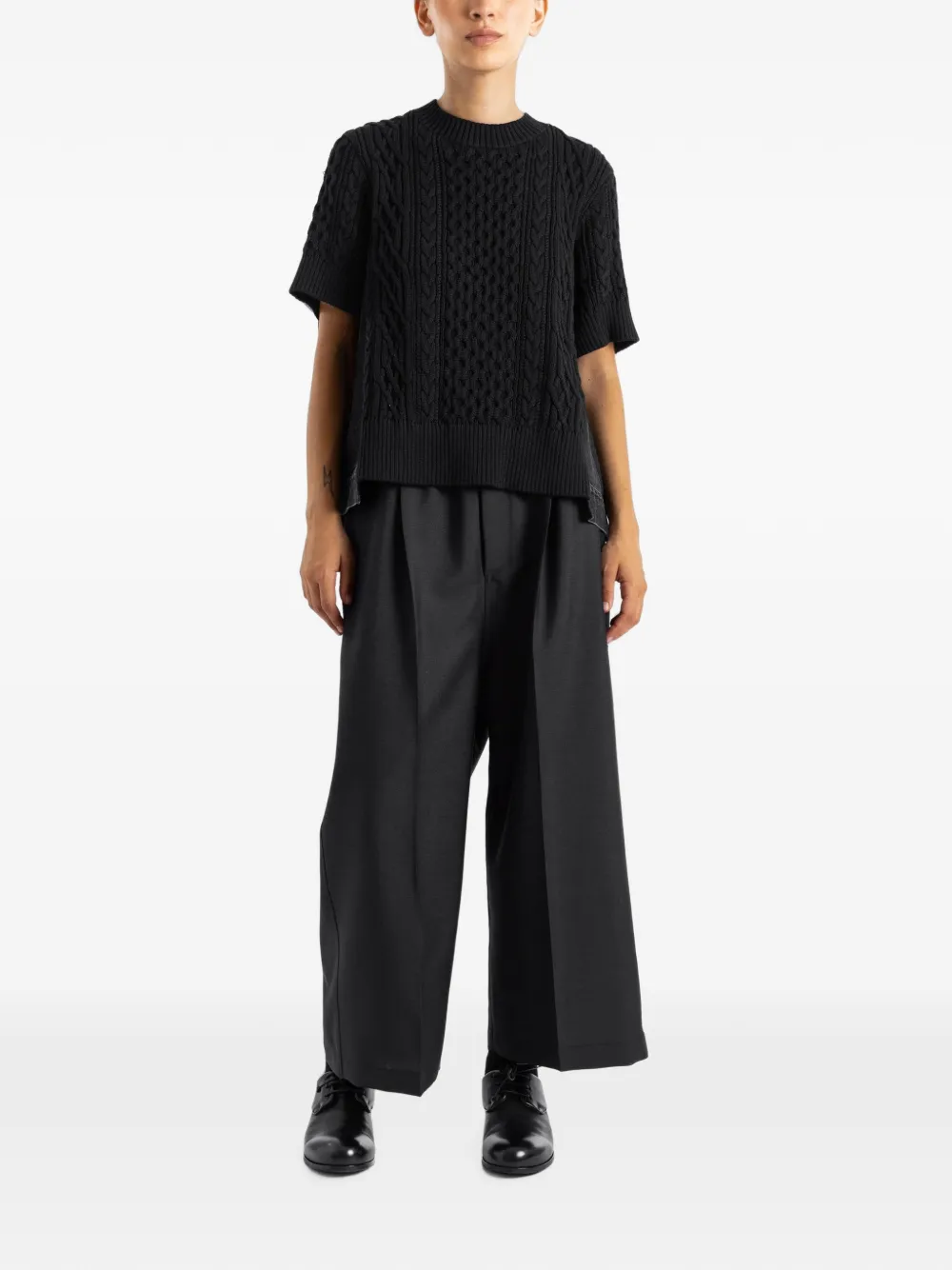 sacai cable-knit hybrid-denim sweater Zwart