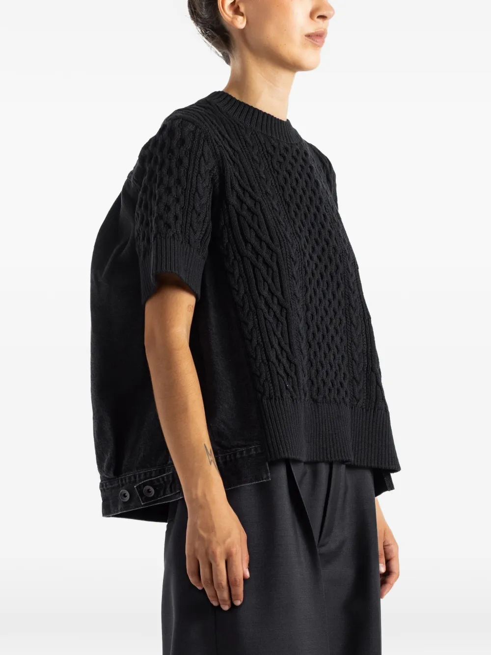 sacai cable-knit hybrid-denim sweater Zwart