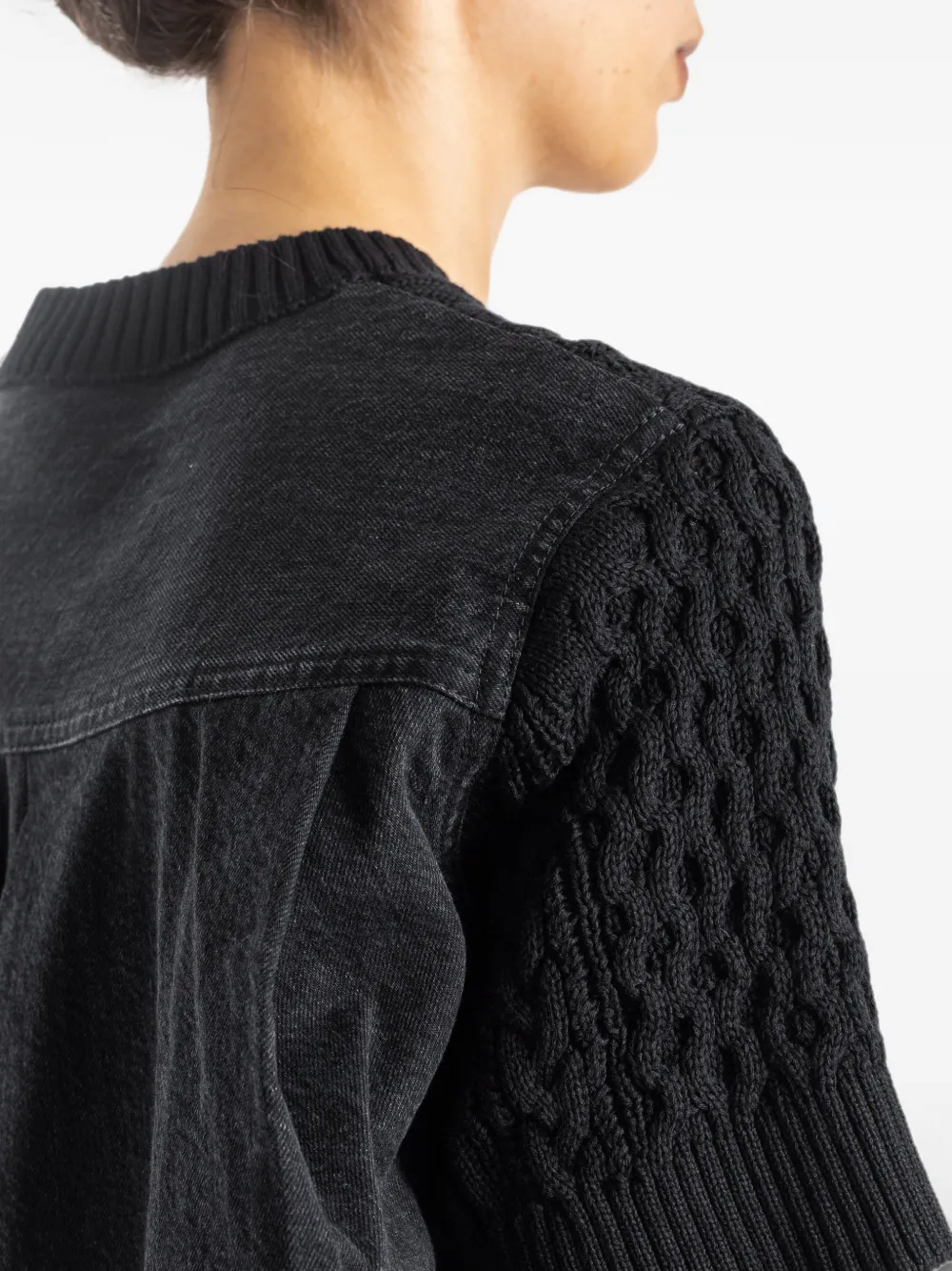 sacai cable-knit hybrid-denim sweater Zwart