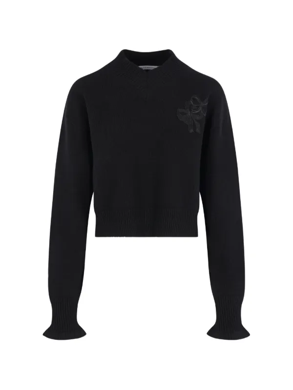 Cecilie Bahnsen Bow-embroidered V-neck Sweater in Black