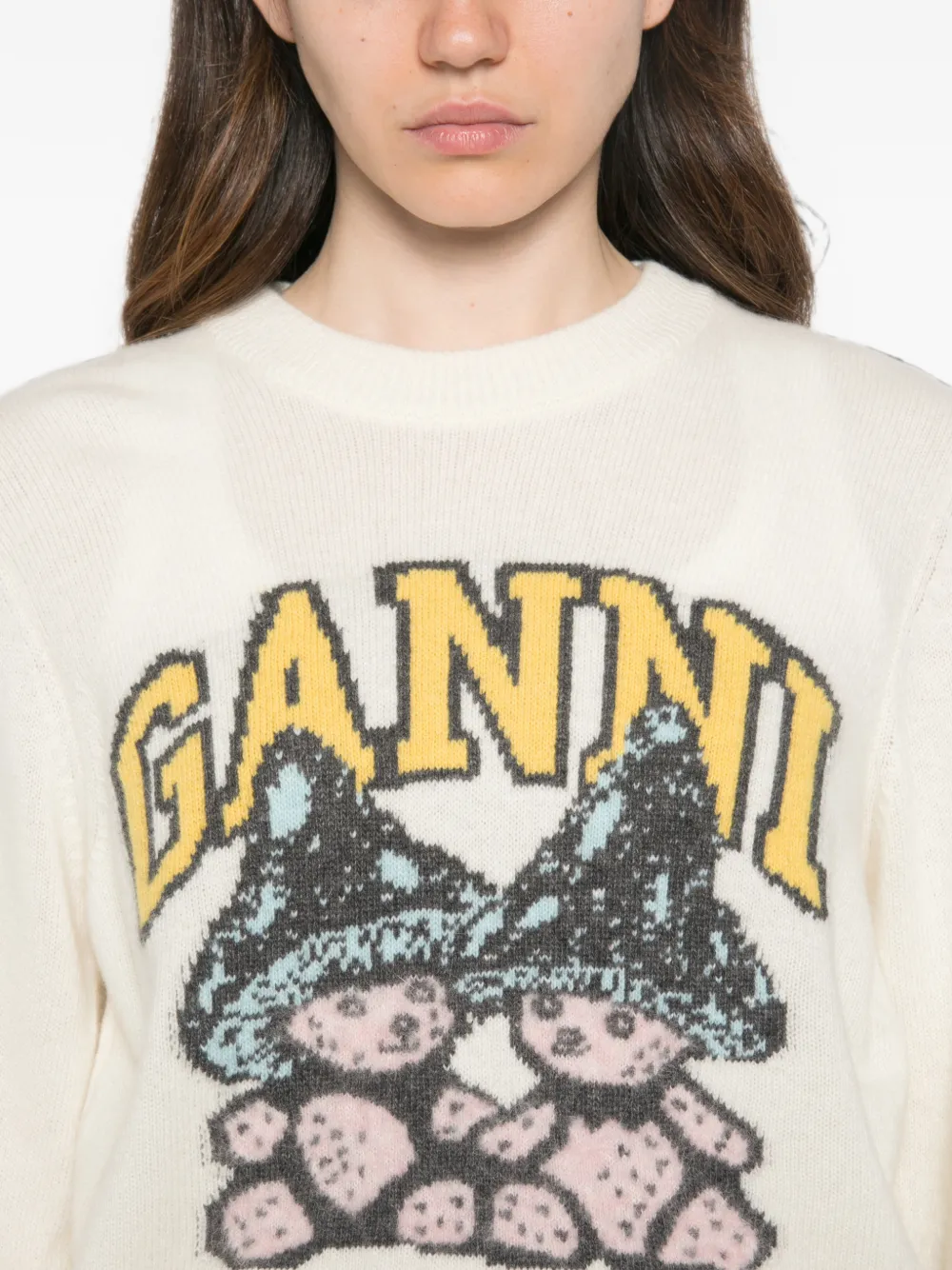 GANNI Trui met ronde hals en grafische intarsia Beige