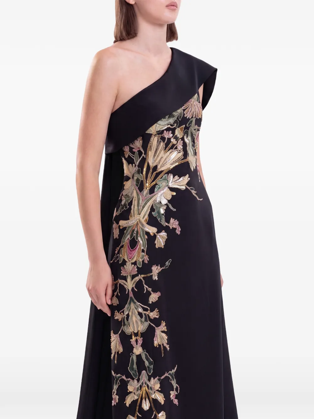 Saiid Kobeisy one-shoulder floral-embroidered evening dress Zwart
