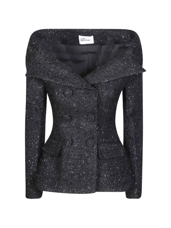 Self-Portrait Off-shoulder Bouclé Jacket in Black