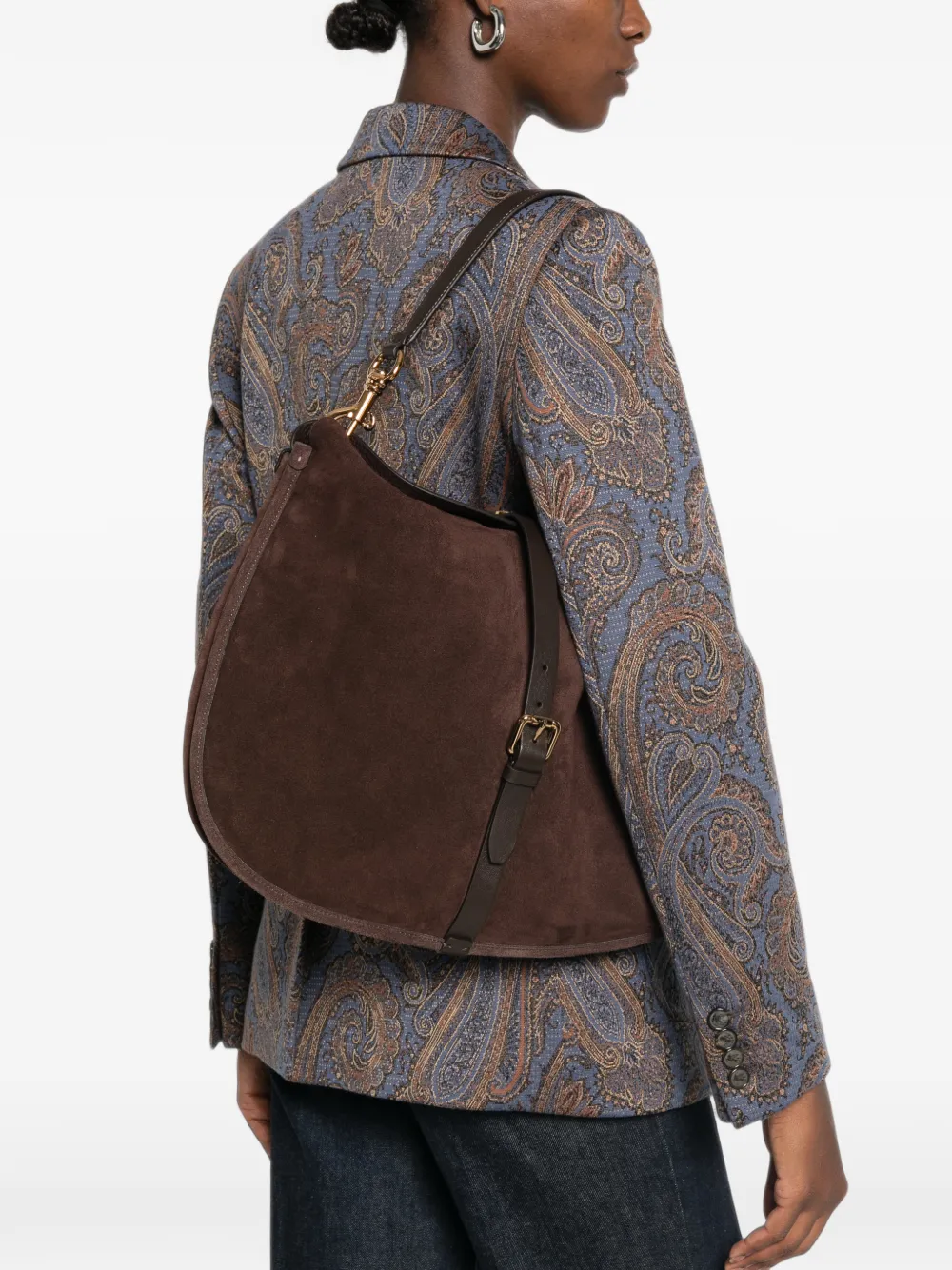ETRO Borsa a spalla extra grande in pelle scamosciata con fibbia - Marrone