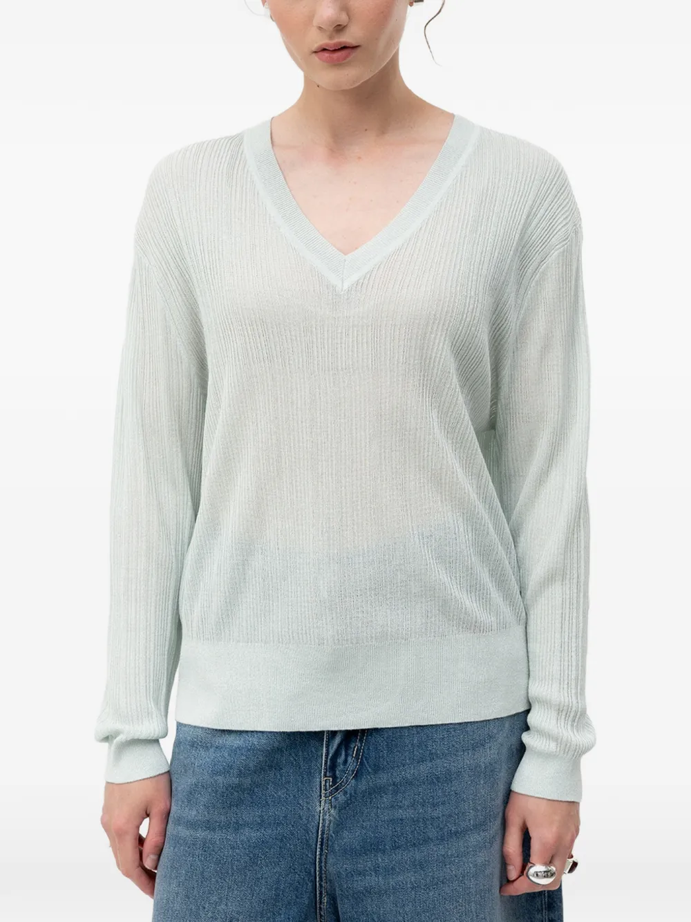 HUGO Gerippter Pullover mit V-Ausschnitt - Grün