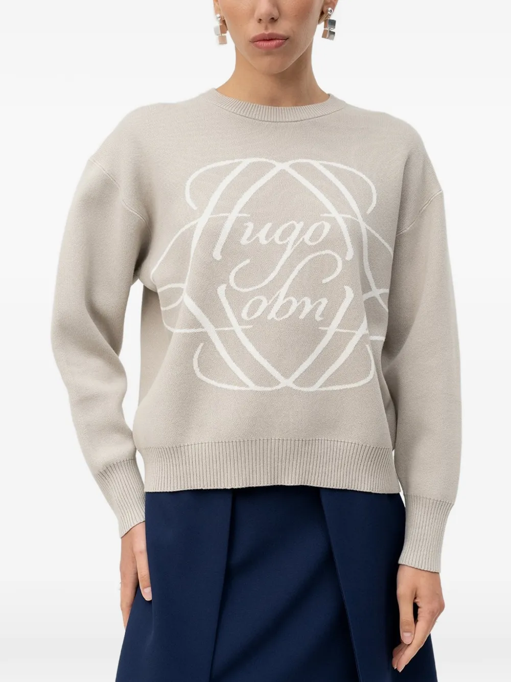 HUGO Pullover mit Logo-Intarsie - Nude