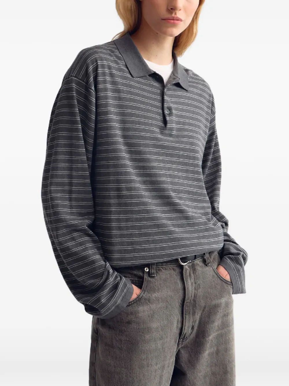 Nili Lotan Striped Long-sleeve Polo Shirt in Grey, view 3