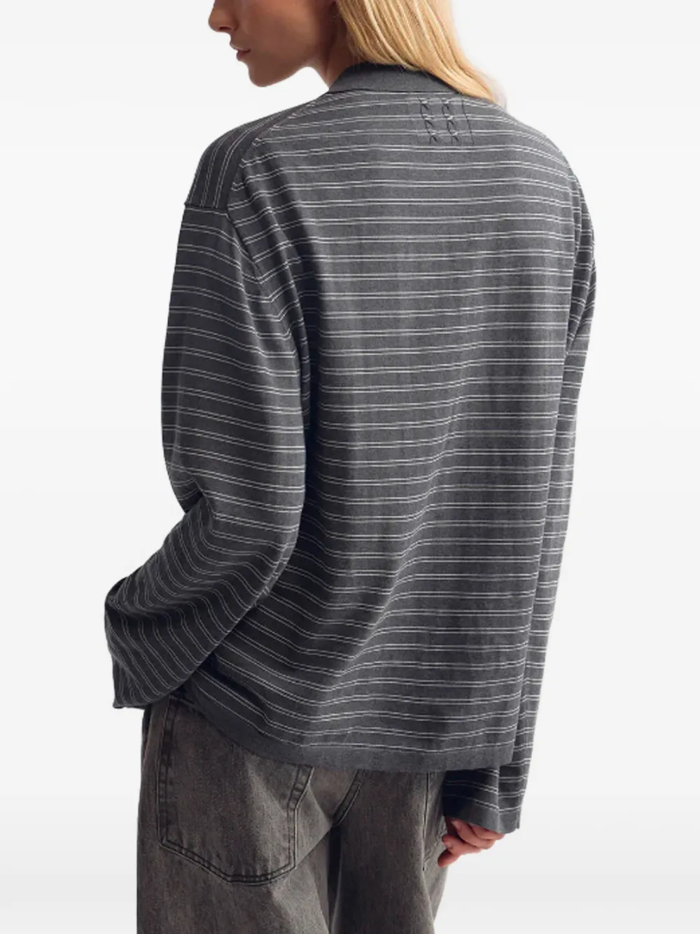 Nili Lotan Striped Long-sleeve Polo Shirt in Grey, view 4