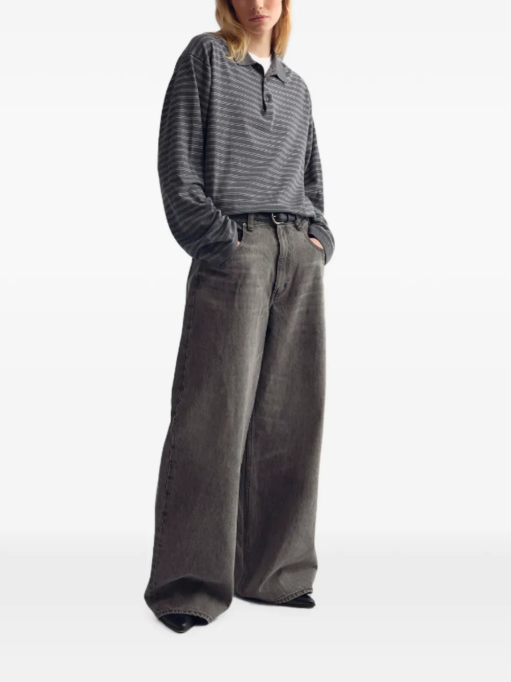 Nili Lotan Striped Long-sleeve Polo Shirt in Grey, view 2