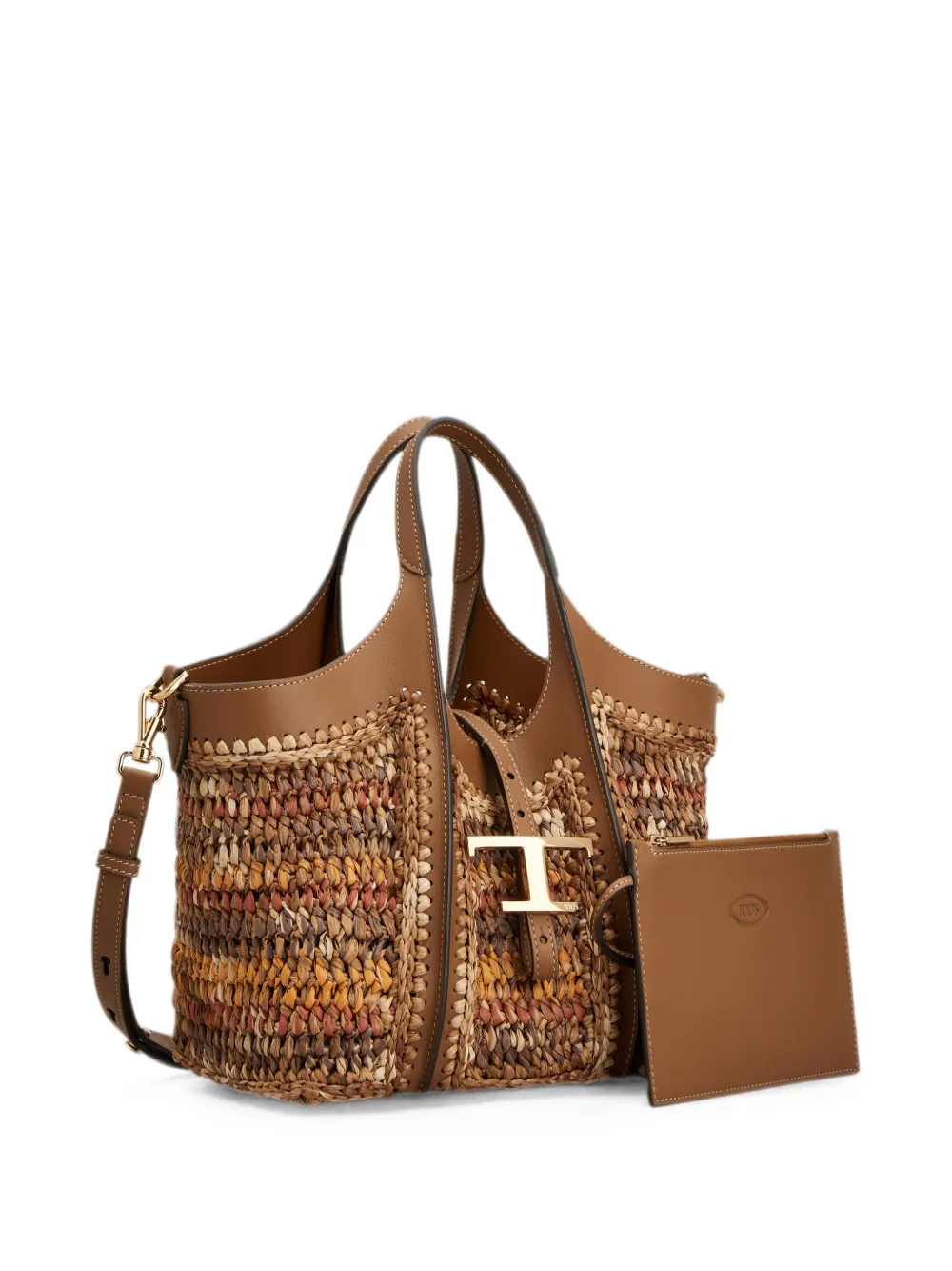 Tod's T Timeless leren en raffia mini-shopper Bruin