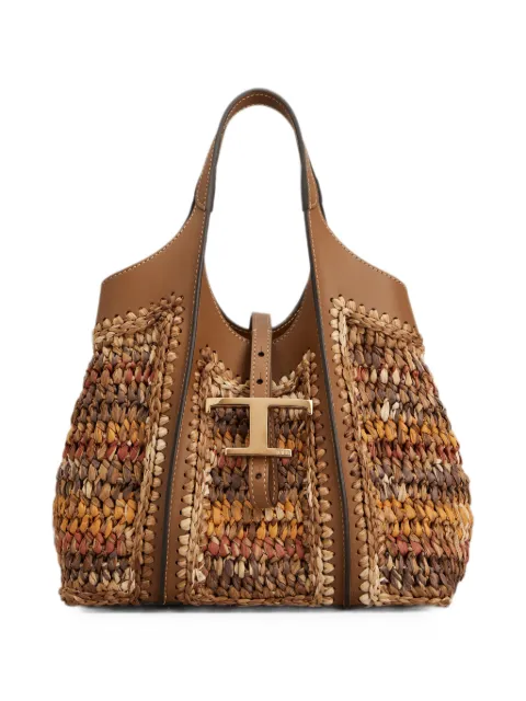 Tod's T Timeless shopping bag in leather and raffia mini