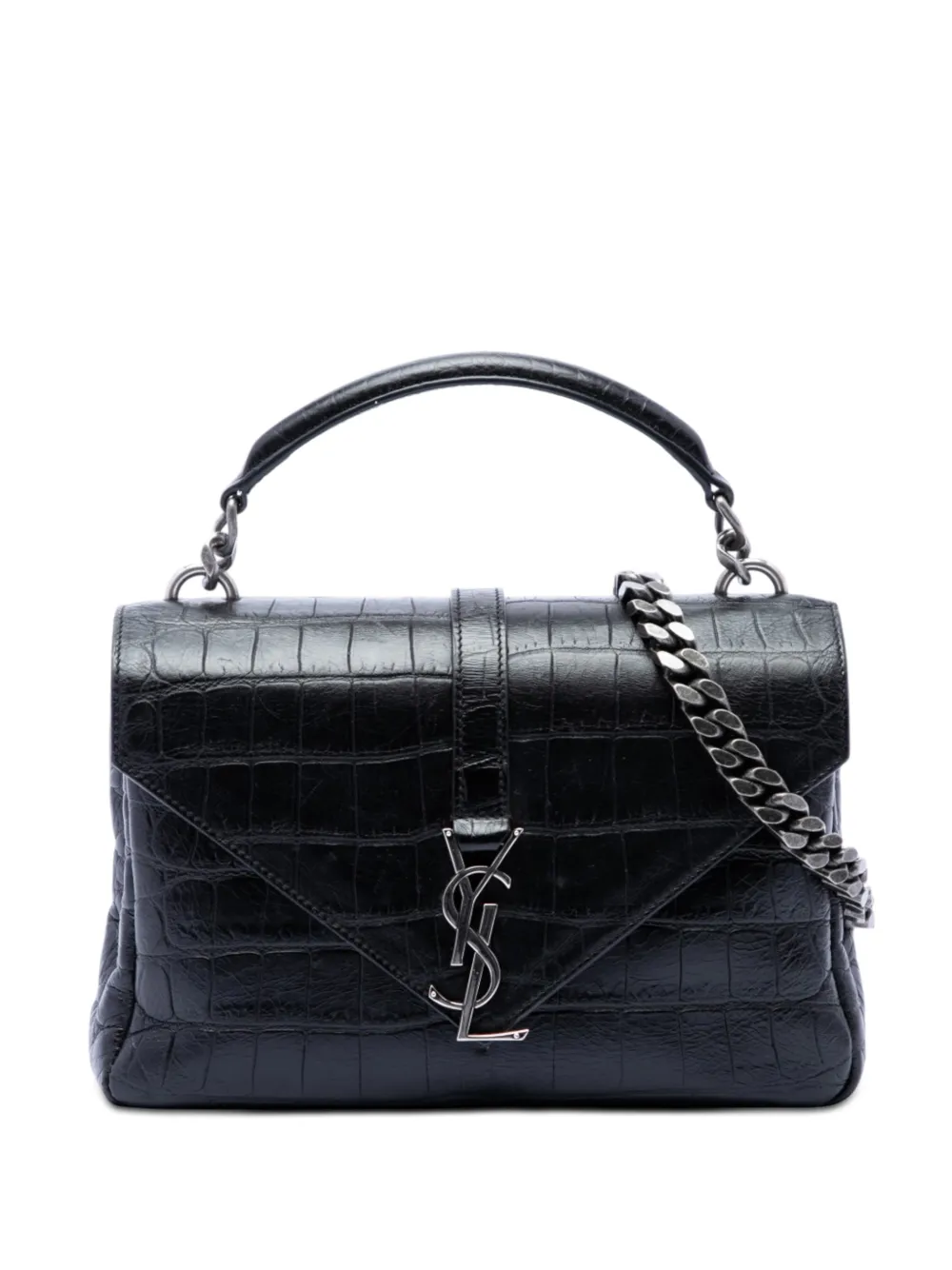 Saint Laurent Pre-Owned Borsa a tracolla College media in pelle goffrata effetto coccodrillo con monogramma 2016 - Nero