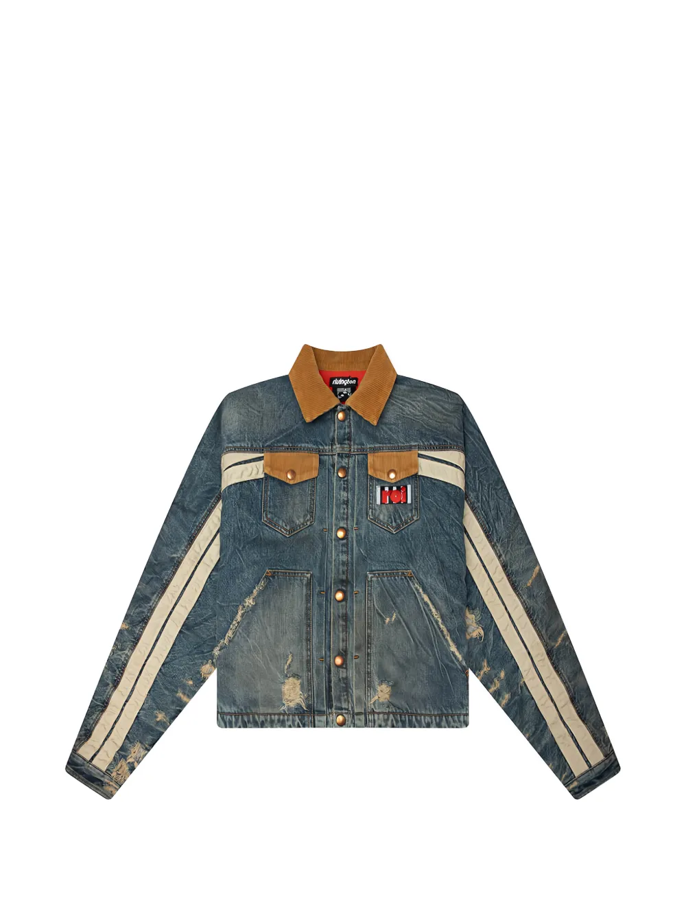 RIVINGTON ROI REBIS distressed corduroy-trim denim jacket - Blu