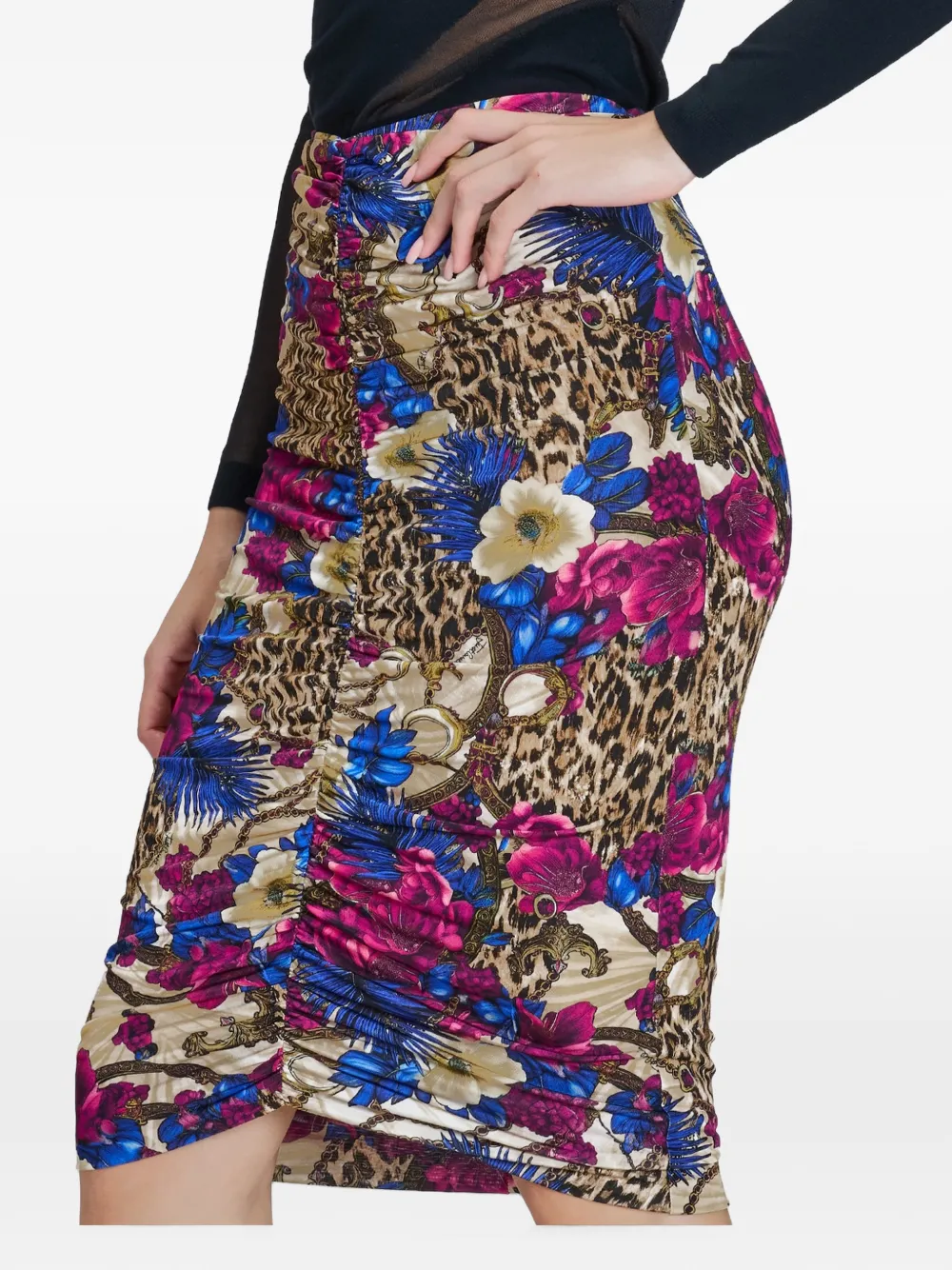 Just Cavalli Gedrapeerde midi-rok met luipaardprint en bloemen Beige