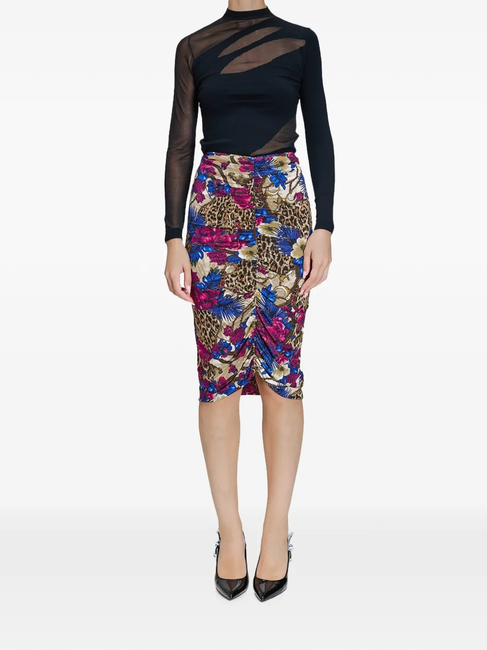 Just Cavalli Gedrapeerde midi-rok met luipaardprint en bloemen Beige