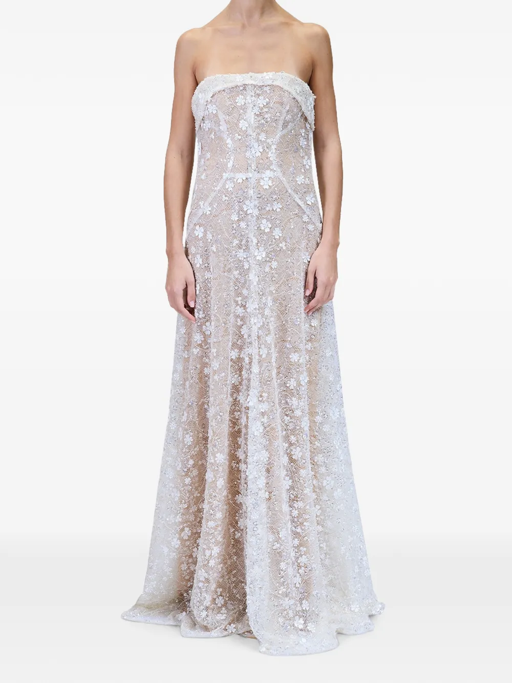 Genny Maxi-jurk met geborduurde bloemen en pailletten Wit