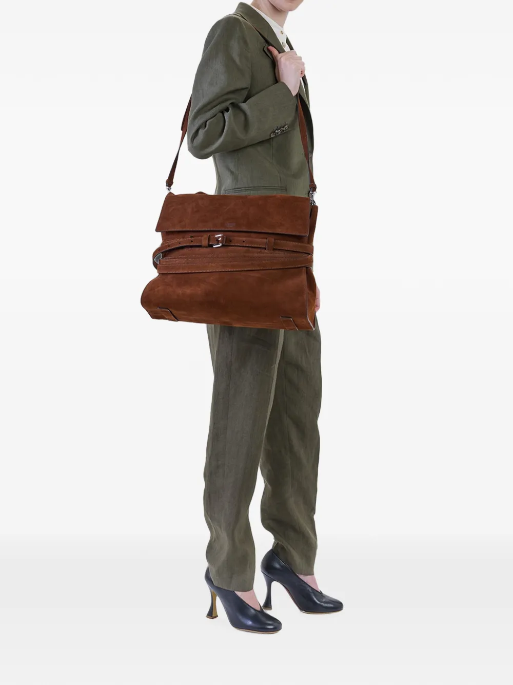 Moschino Tie Me suède shopper met gesp Bruin