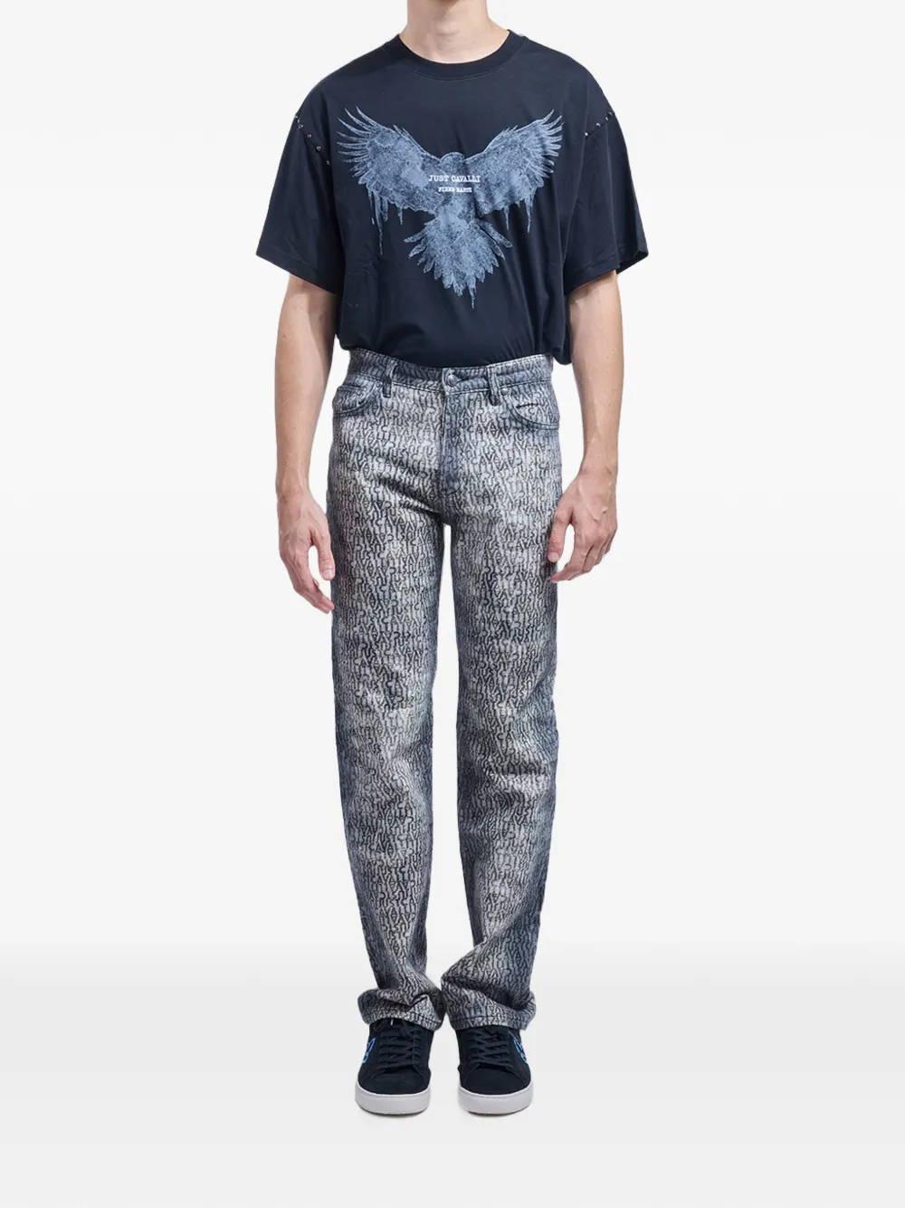 Just Cavalli Jeans met verwassen effect en logo-print Blauw