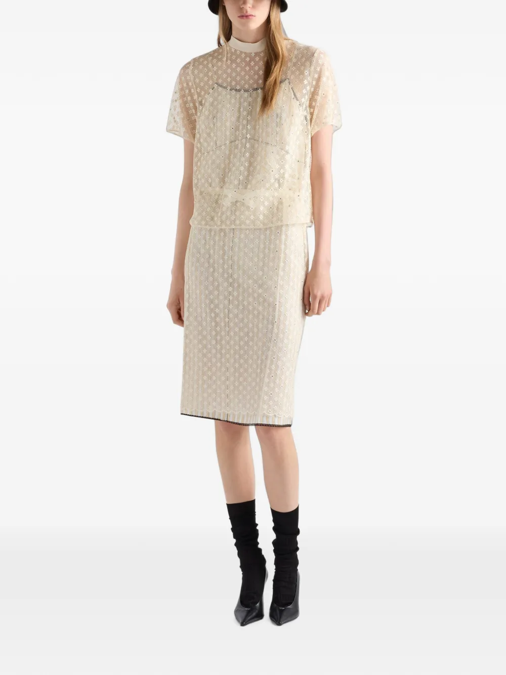 Prada Rok met geborduurd kant Beige