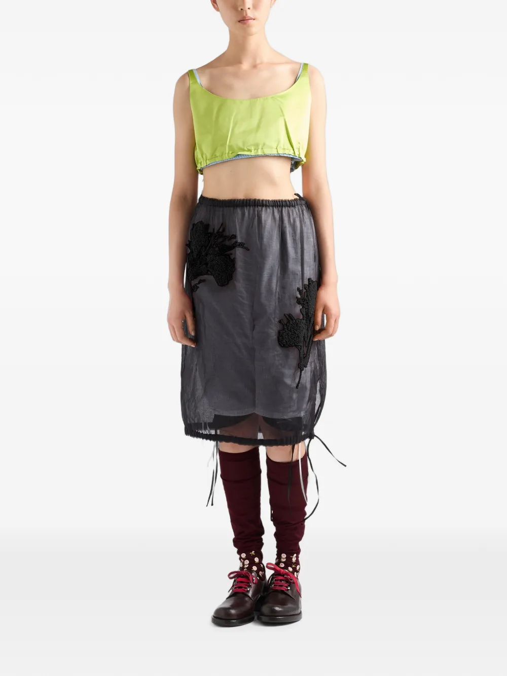 Prada Organdy midi-rok met borduurwerk Zwart