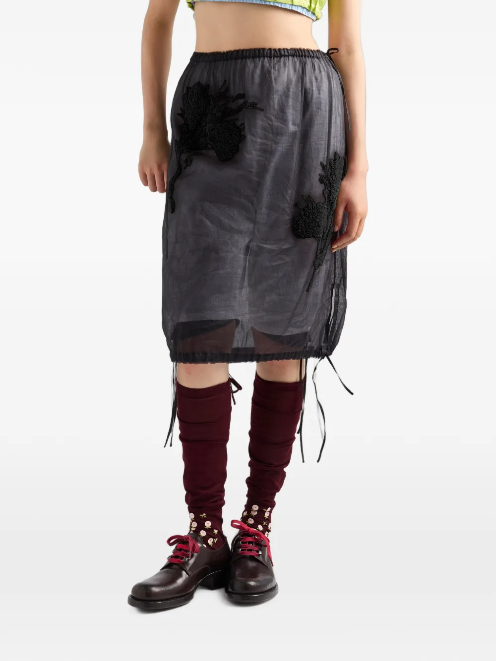 Prada Organdy midi-rok met borduurwerk Zwart