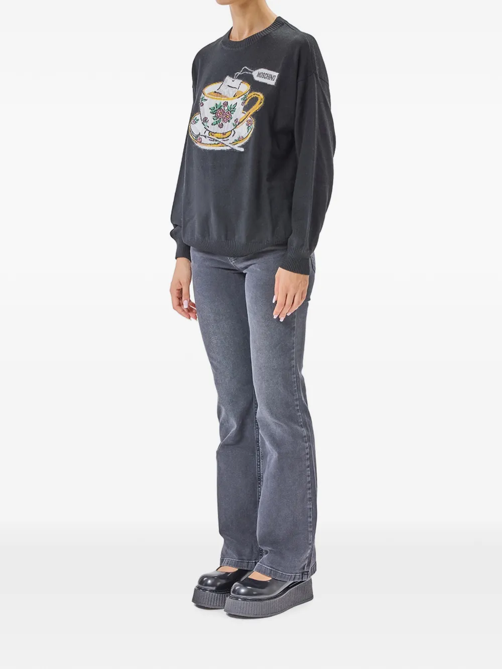 Moschino Intarsia gebreide sweater met theekop Zwart
