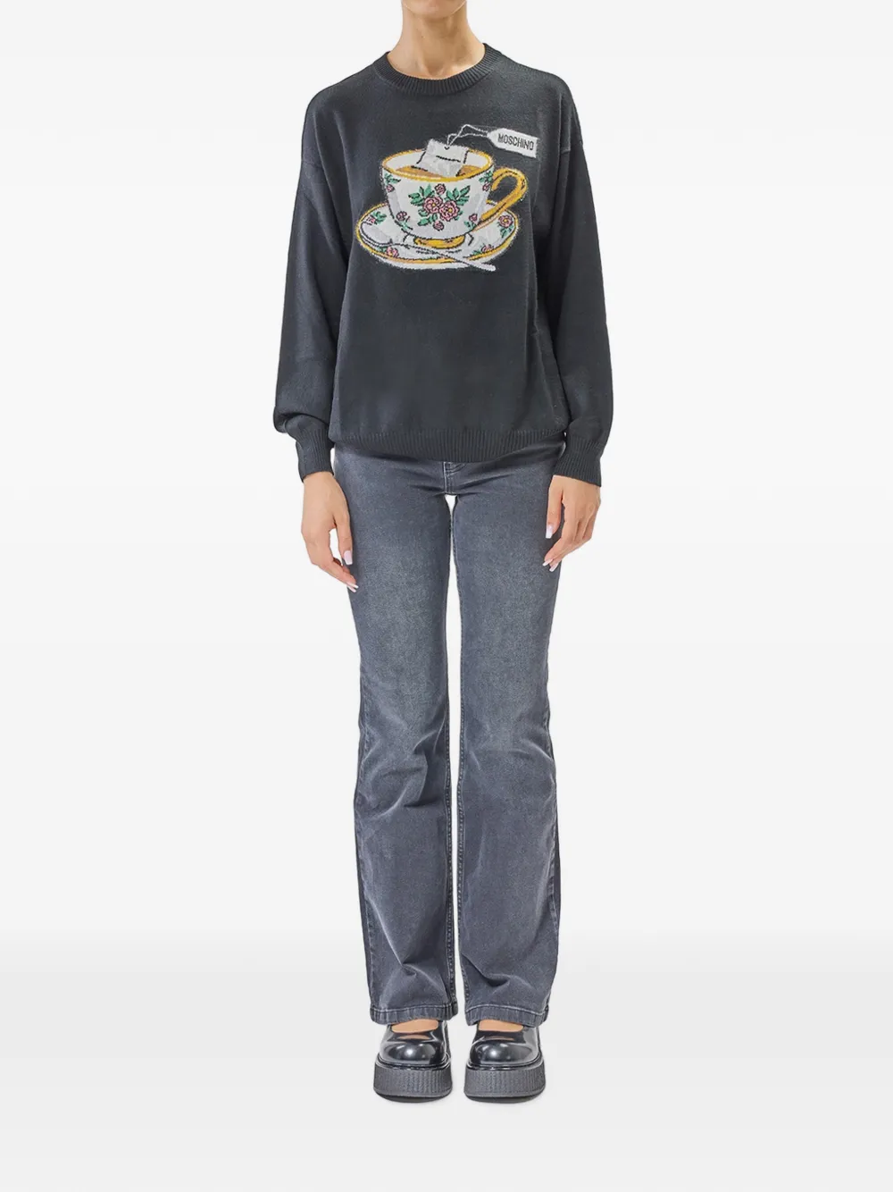 Moschino Intarsia gebreide sweater met theekop Zwart