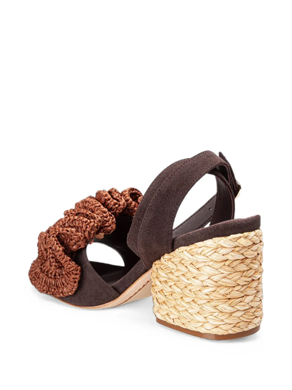 Paloma Barceló Teresa sandalen met raffia hak en waaierdetail Bruin