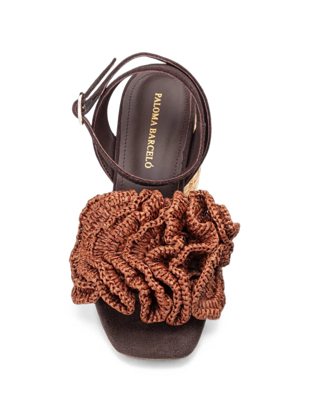 Paloma Barceló Teresa sandalen met raffia hak en waaierdetail Bruin