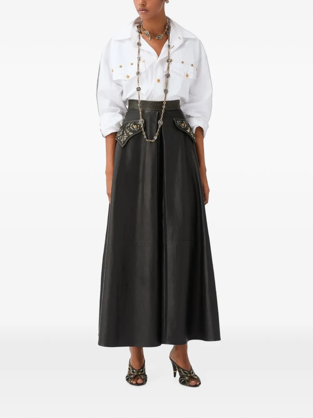 Versace studded leather midi skirt Zwart