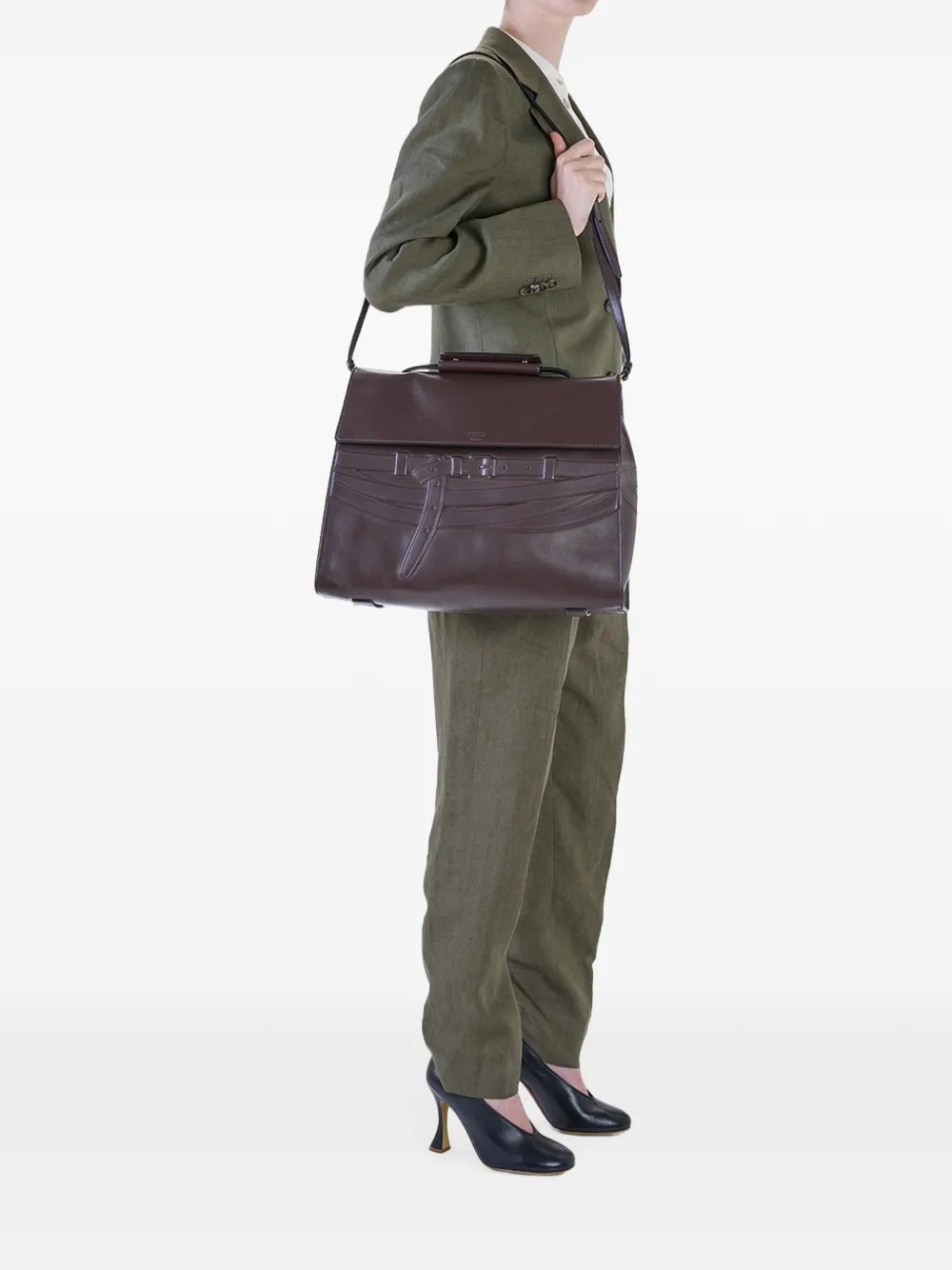 Moschino Tie Me leren schoudertas met relief Bruin