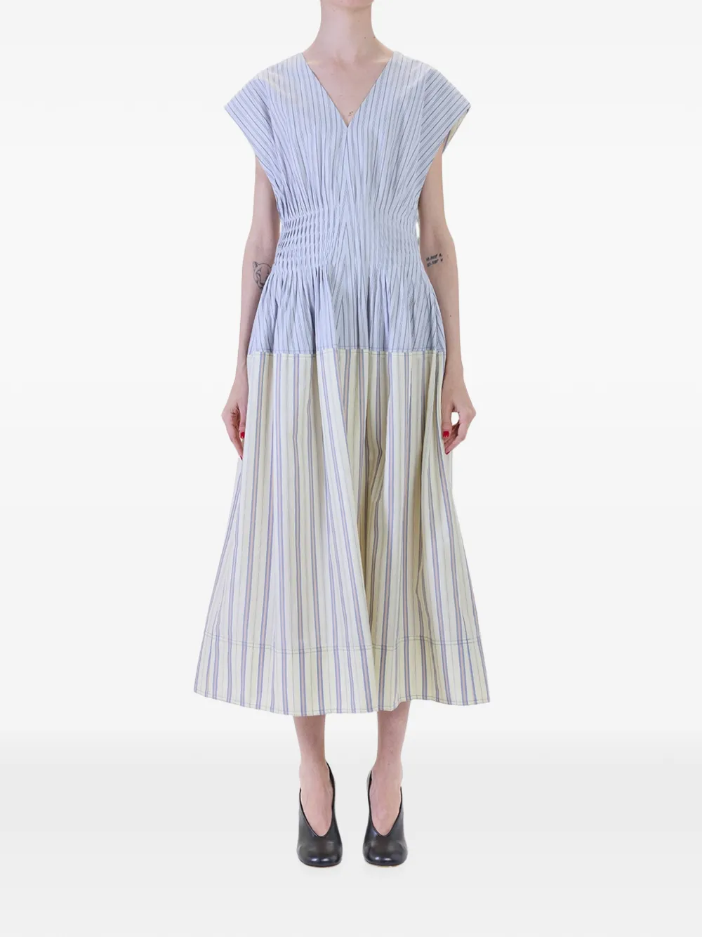 Paul Smith Gestreepte midi-jurk met gesmockte taille Blauw