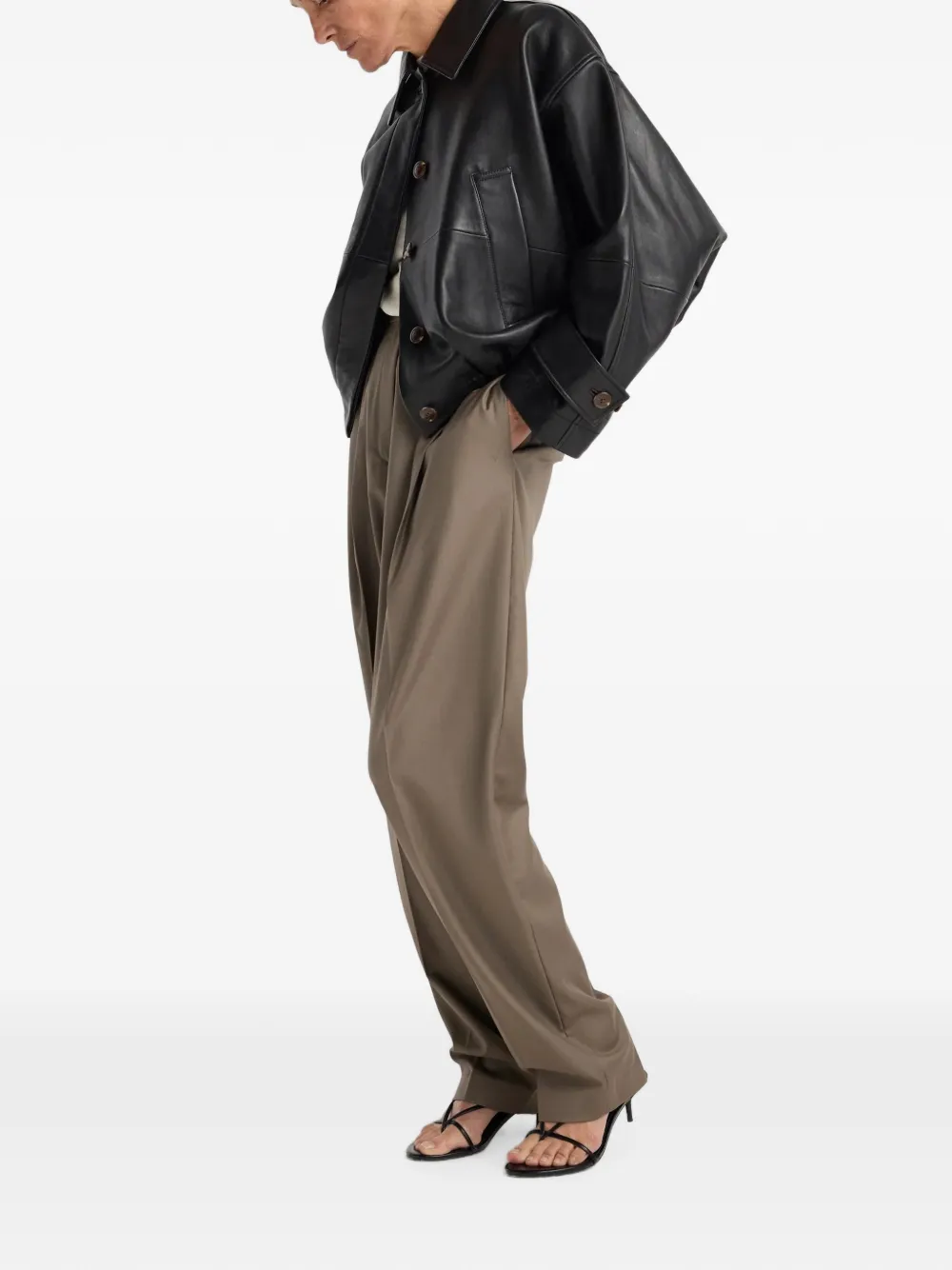 Rohe Cropped Leather Bomber Blouson Jacket With Dropped Shoulders In Black